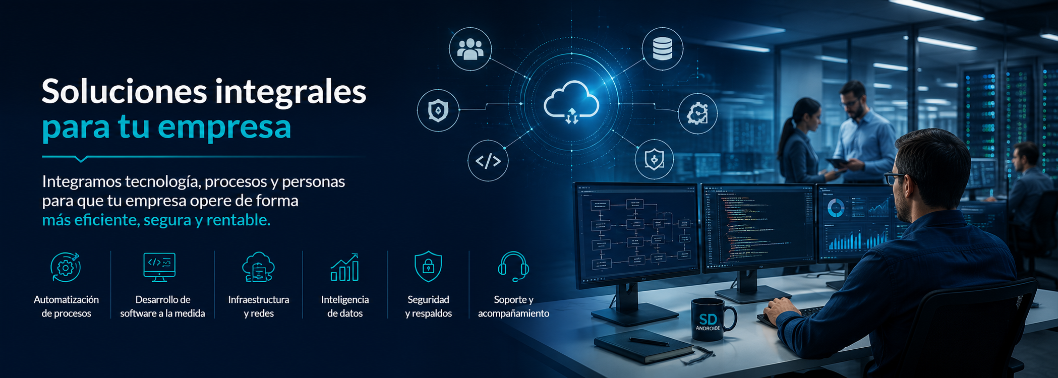 Soluciones integrales de tecnología empresarial que incluyen automatización, desarrollo de software, infraestructura, inteligencia de datos y soporte especializado.