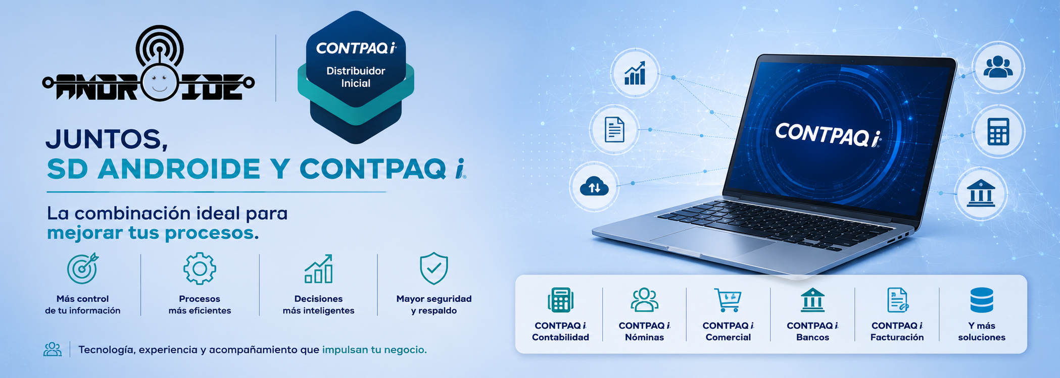 SD Androide como Distribuidor Inicial CONTPAQi ofreciendo soluciones tecnológicas para optimizar procesos empresariales.