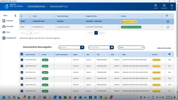 Pantalla de descarga de CFDI en CONTPAQi XML en línea+